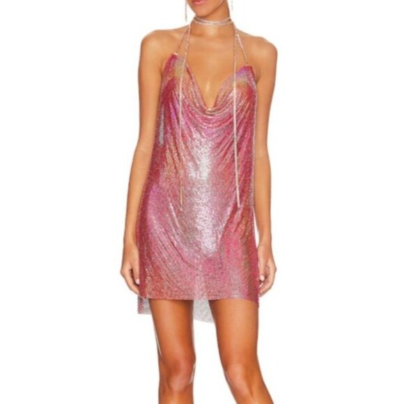 Pink Chainmail Mini Dress W/ Detachable Gold Chain Neck Strap & Draped Back OS - Picture 8 of 8